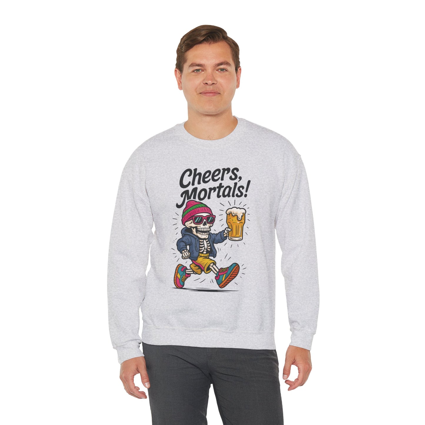 Cheers Mortals! Mens Crewneck Sweatshirt, Skeleton Beer Pullover with Hood, Drinking Humor Sweatshirt, Party Gift for Him, Halloween Apparel
