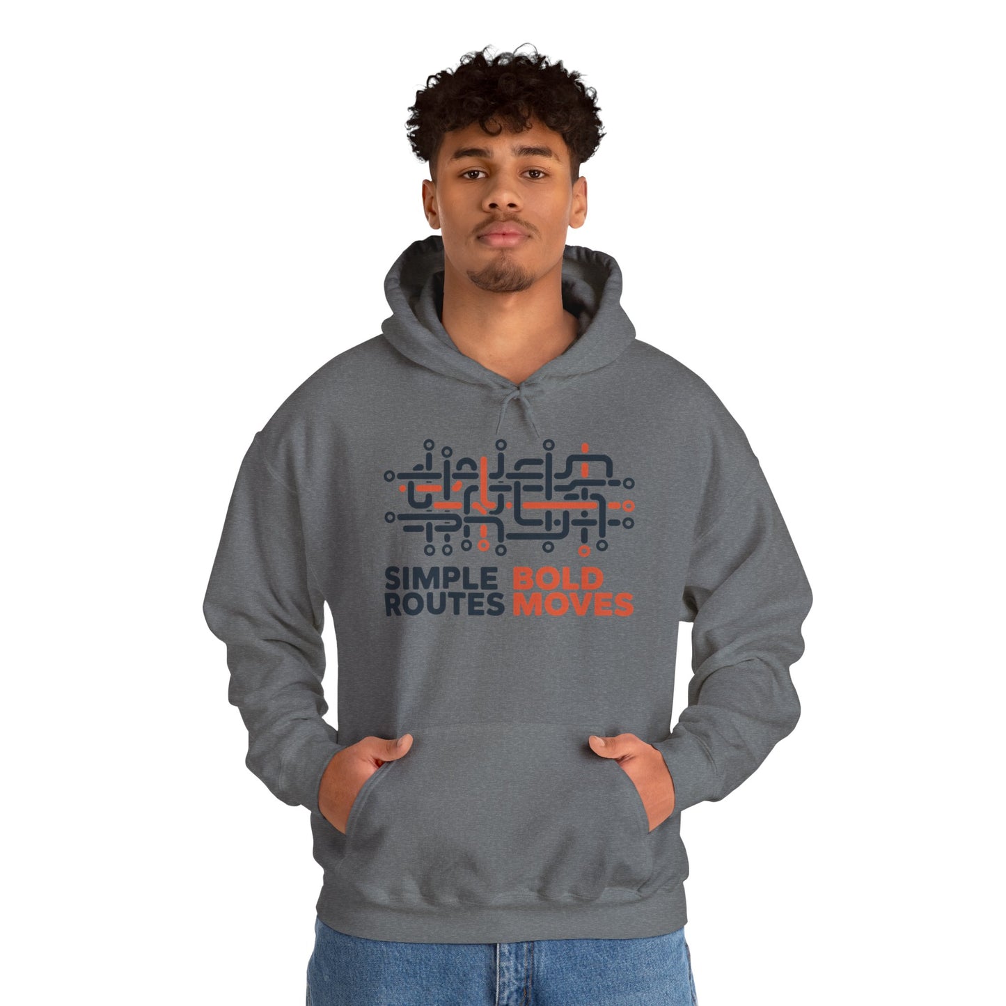 Men's Heavy Blend™ Hooded Sweatshirt, Simple Routes Bold Moves Hoodie, Unisex Metro Map Graphic, Urban Streetwear