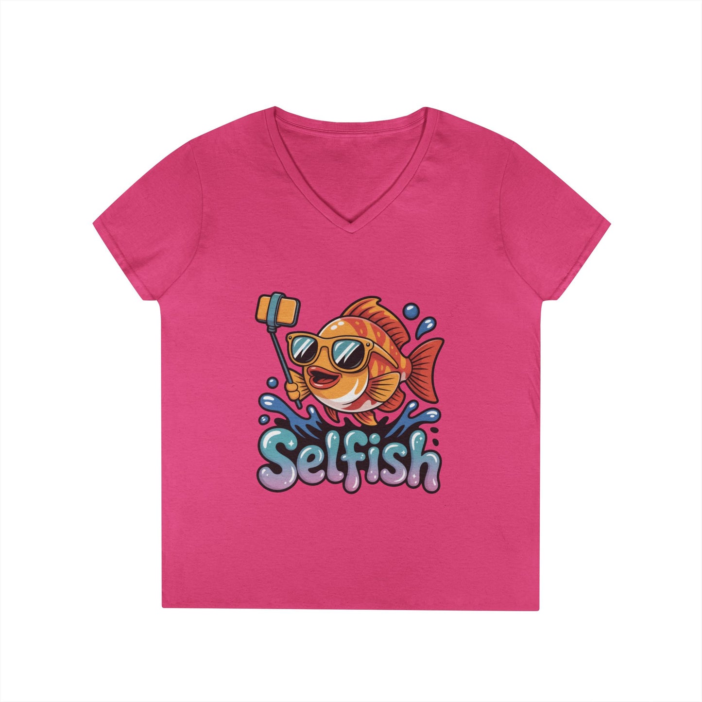 Ladies' V-Neck T-Shirt, Funny Selfie Fish Graphic Womens Tee, Playful Pun Gift for Her, Summer Vibes, Unique Beach Shirt, Outdoor Adventures