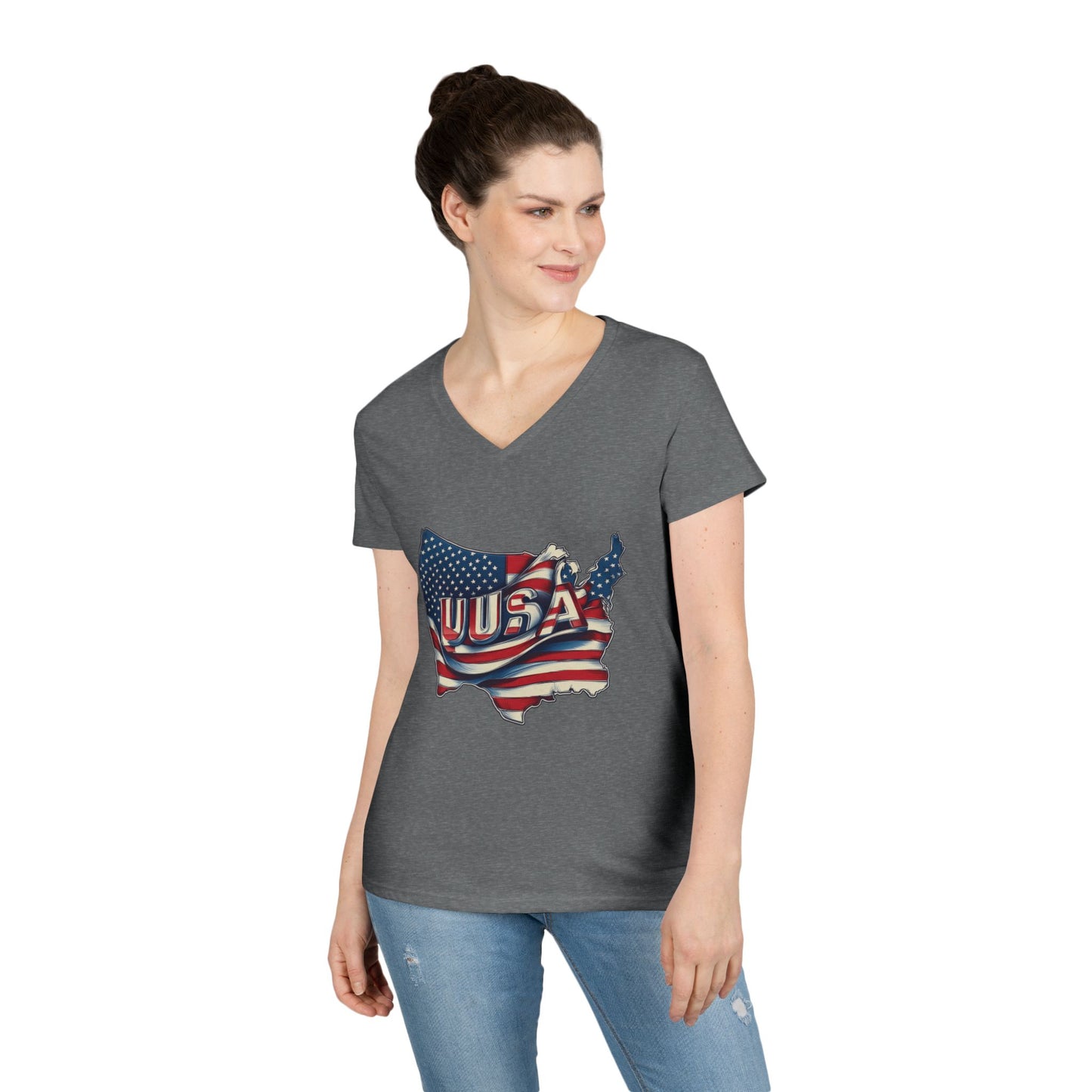 Patriotic Ladies' V-Neck T-Shirt, USA Flag Top, Independence Day Apparel, Women's Casual Wear, Summer T-Shirt, 4th of July Gift