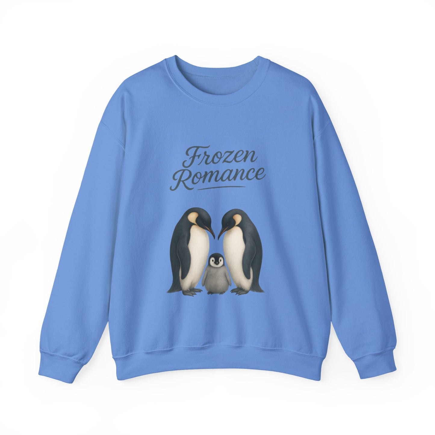Womens Heavy Blend™ Crewneck Sweatshirt, Womens Frozen Romance Penguin Sweatshirt, Cute Animal Pullover, Romantic Graphic Top