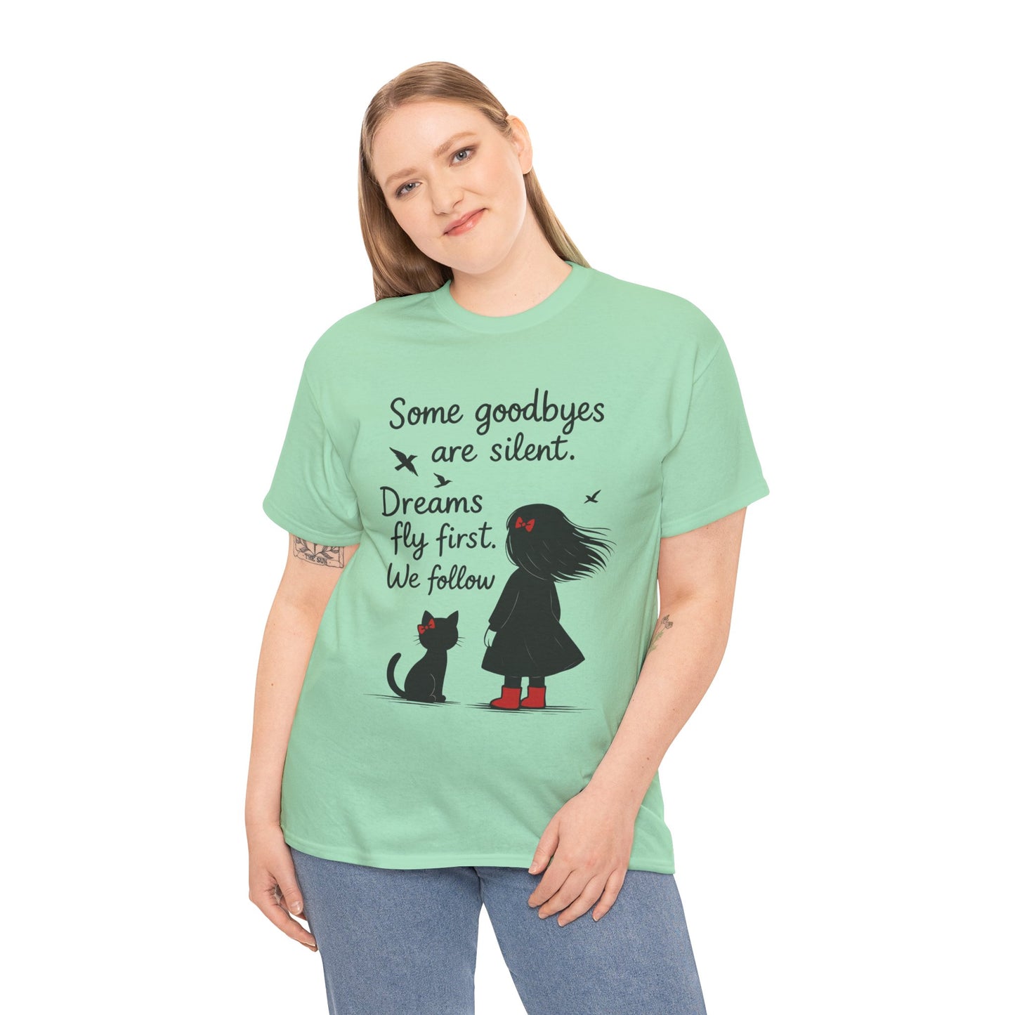 Emotional Hand Drawn Womens T-Shirt, Minimalist Red Dress Girl and Cat Graphic Tee, Cat Lover Gift