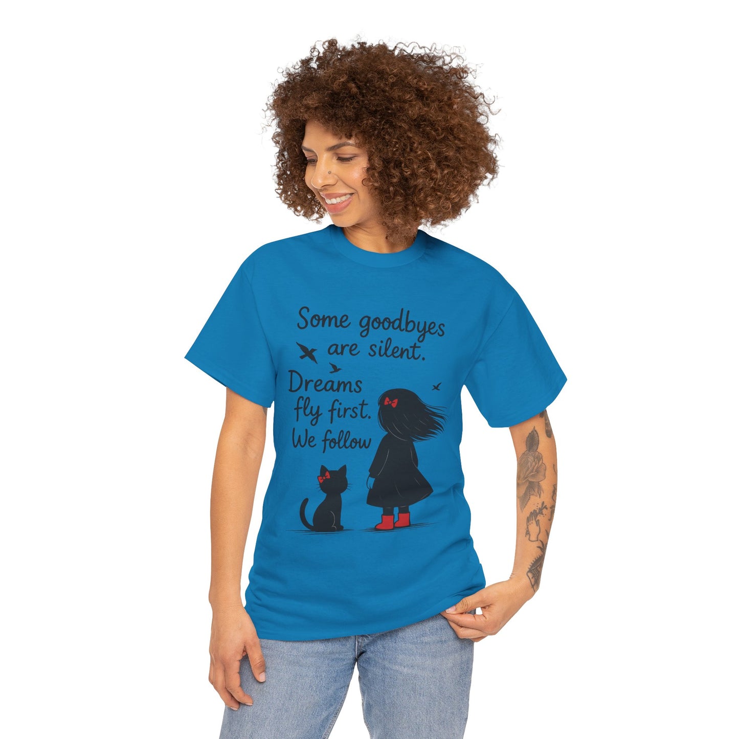 Emotional Hand Drawn Womens T-Shirt, Minimalist Red Dress Girl and Cat Graphic Tee, Cat Lover Gift