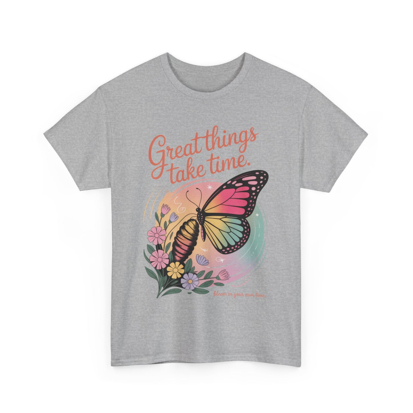 Butterfly Motivational Women's Heavy Cotton Tee, Great Things Take Time Shirt, Gift for Nature Lovers, Inspirational Apparel, Summer Outfit