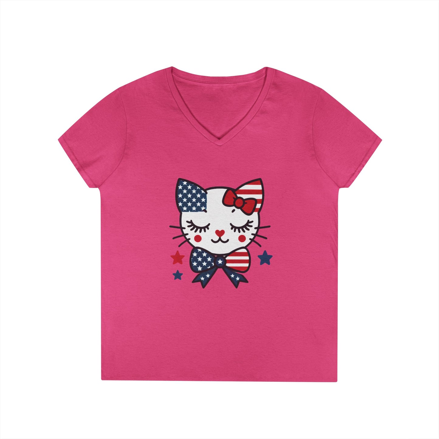 Patriotic Cat Ladies' V-Neck T-Shirt, Cute Tee, July 4th Top, Independence Day Shirt, Gift for Cat Lovers, Casual Summer Wear