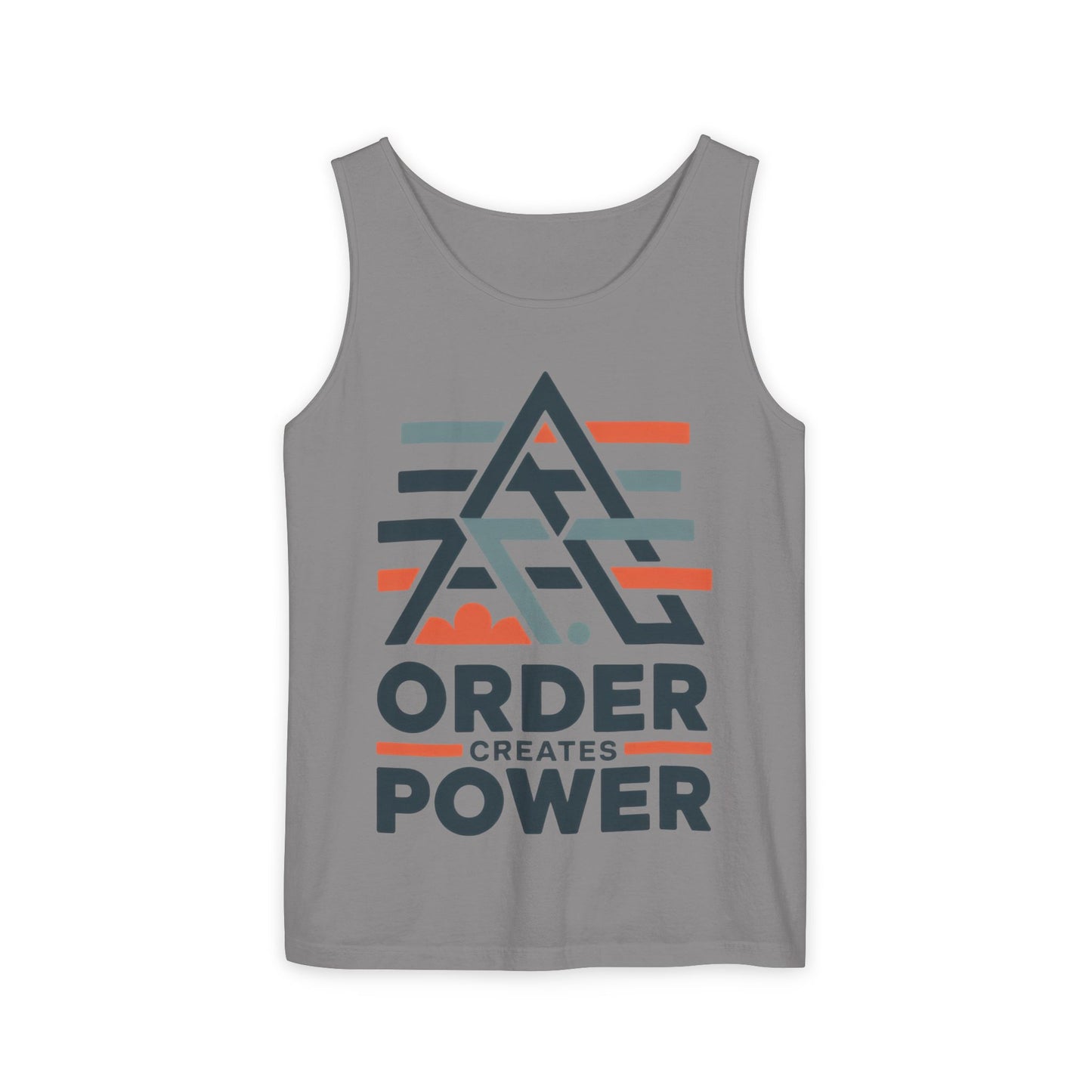 Mens Garment-Dyed Tank Top, Mens Tank Top Order Creates Power, Minimal Geometric Motivational Graphic Summer Shirt