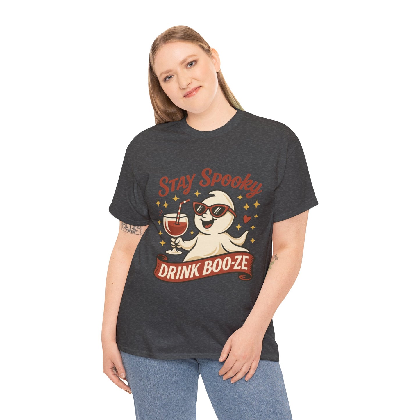 Stay Spooky Drink Boo-ze Women's T-Shirt, Funny Ghost Wine Halloween Party Graphic Tee