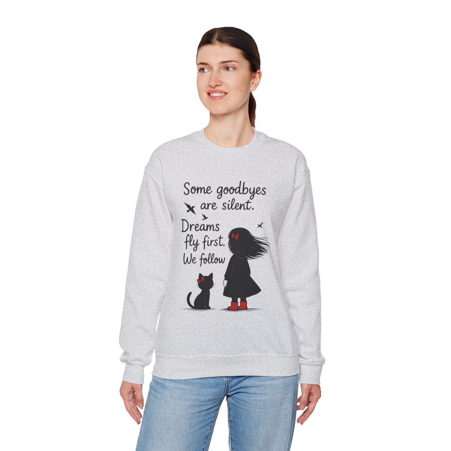 Cozy Farewell Girl & Cat Pullover, Hand Drawn Red Dress Art, Minimalist Womens Crewneck