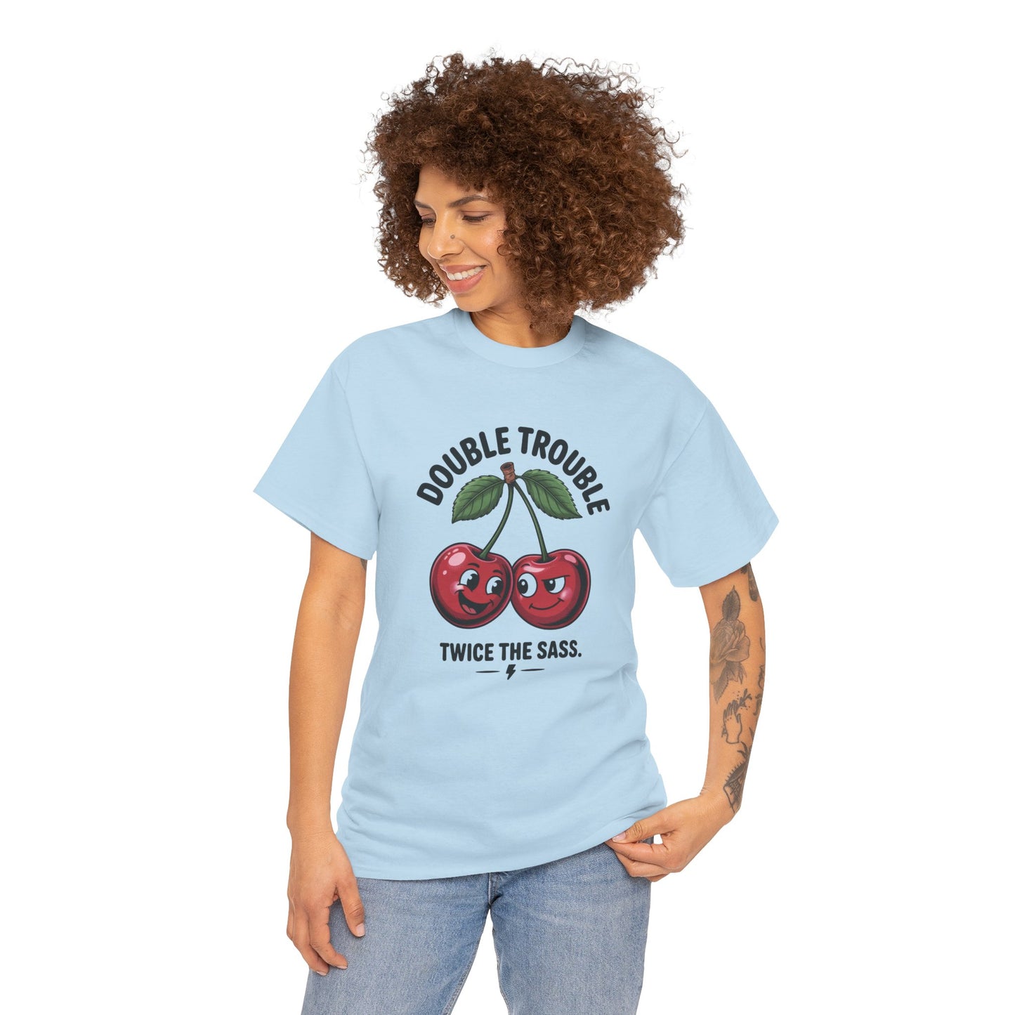 Double Trouble Cherry Graphic Tee, Funny Cute Womens T-Shirt, Twice the Sass Quote Shirt, Sassy Cherry Cartoon Gift