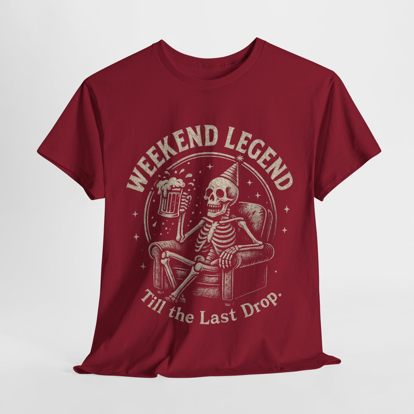Weekend Legend Mens T-Shirt, Funny Skeleton Beer Tee, Till the Last Drop Party Shirt, Vintage Style Graphic Tee for Him, Halloween Apparel
