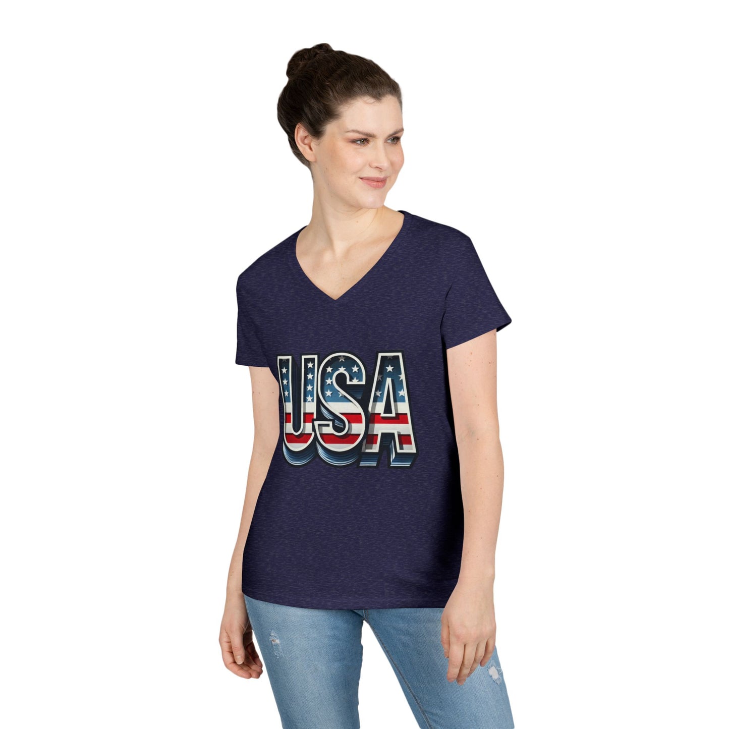 USA Patriotic V-Neck T-Shirt for Ladies, July 4th Celebration Tee, Casual Summer Shirt, Graphic Tee