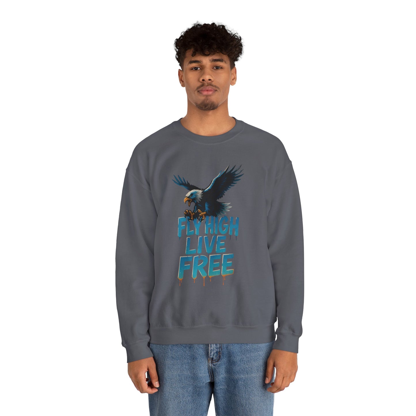 Mens Heavy Blend™ Crewneck Sweatshirt, Fly High Live Free Mens Eagle Graphic Sweatshirt