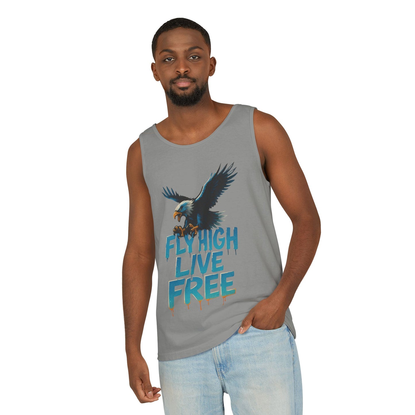 Mens Garment-Dyed Tank Top, Fly High Live Free Eagle Mens Tank Top Gym Wear