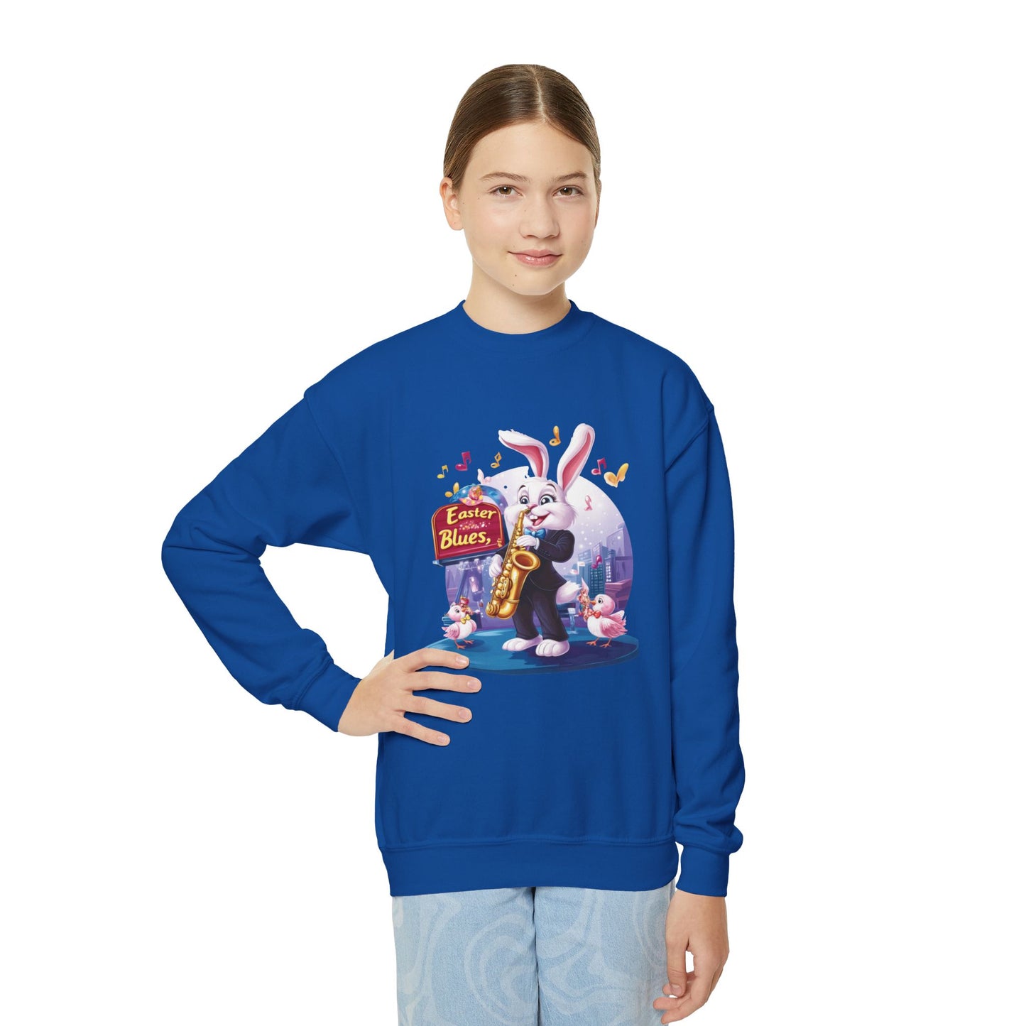 Jazz Bunny Easter Kids Sweatshirt - Cute Saxophone Playing Bunny Design, Fun Spring Crewneck, Holiday Gift for Boys and Girls