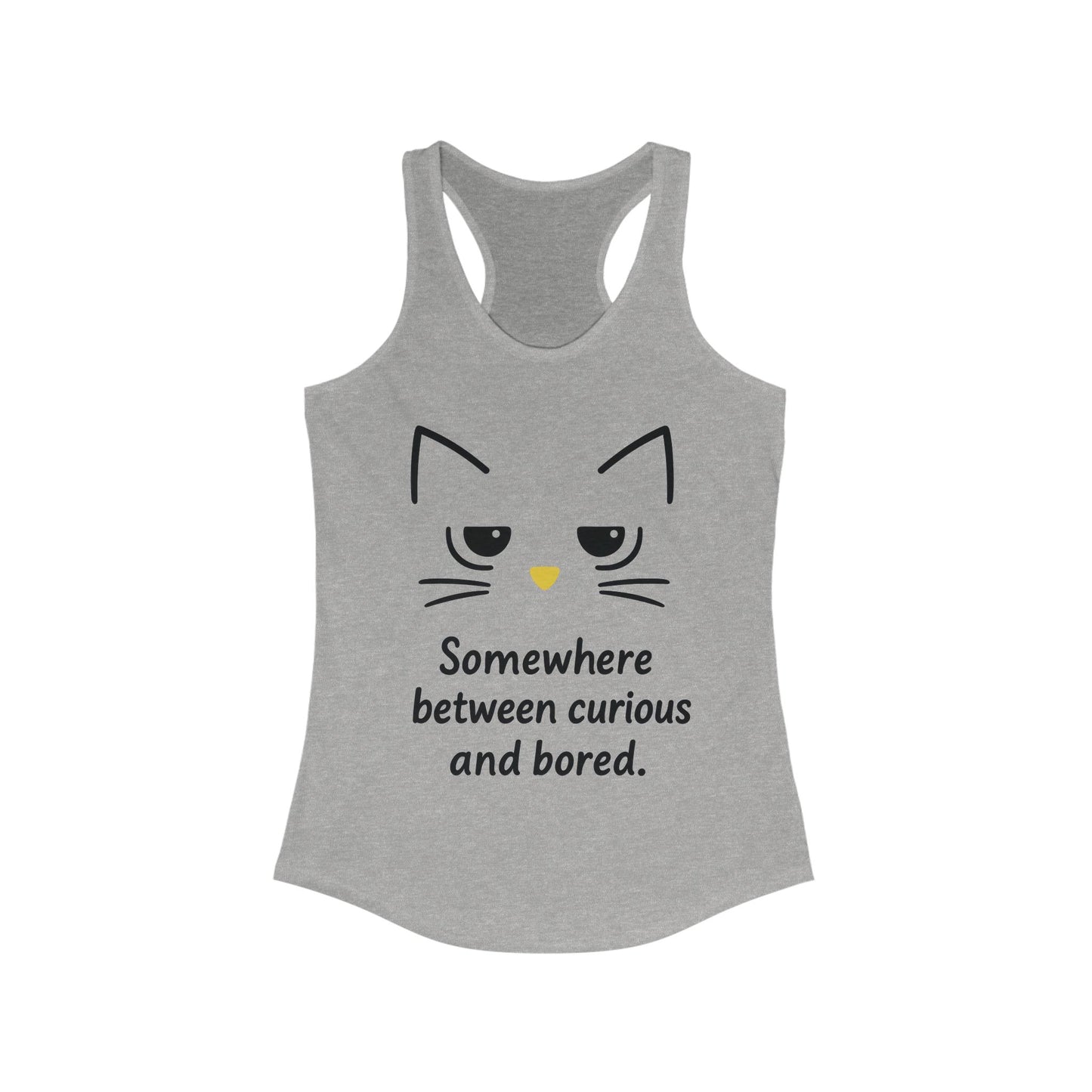Curious & Bored Cat Tank Top, Women's Racerback Tee, Cute Cat Lover Gift, Fun Workout Top, Summer Casual Wear, Relaxed Fit Shirt