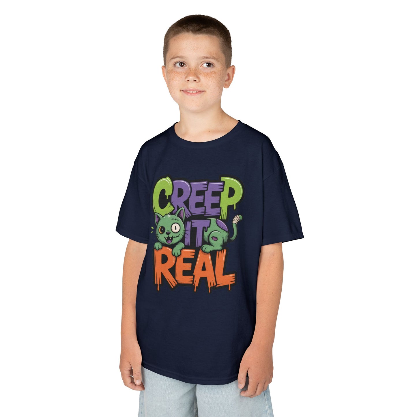 Creep It Real Kids Halloween Shirt, Cute Zombie Cat Graffiti Style T-Shirt for Boys & Girls