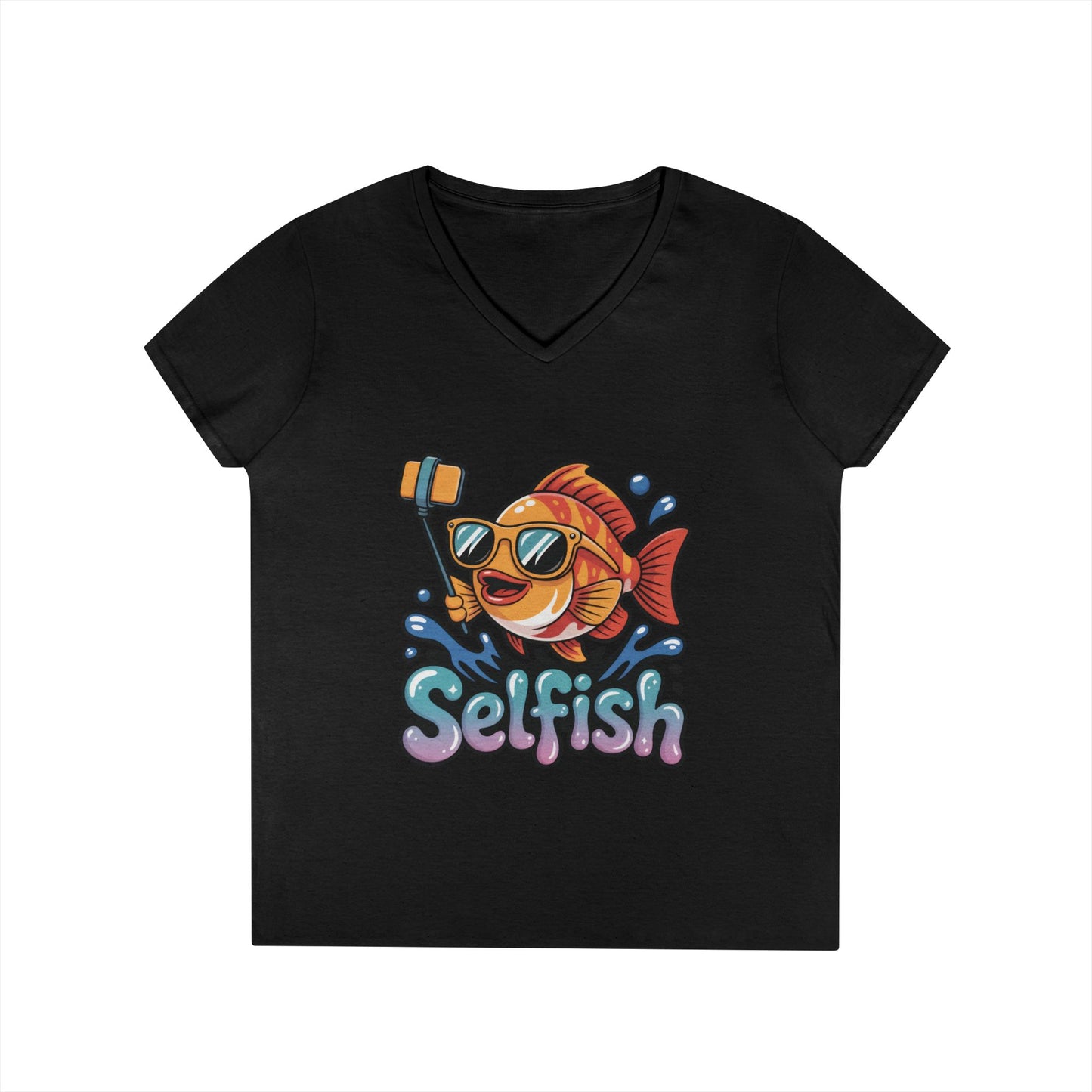 Ladies' V-Neck T-Shirt, Funny Selfie Fish Graphic Womens Tee, Playful Pun Gift for Her, Summer Vibes, Unique Beach Shirt, Outdoor Adventures
