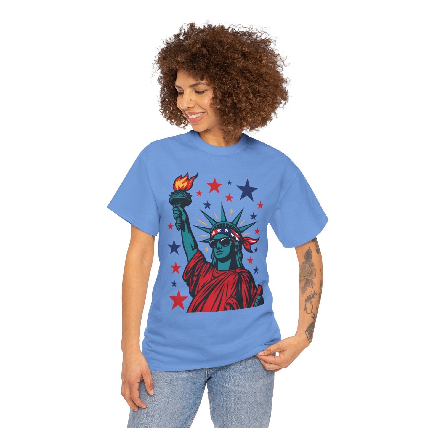 Lady Liberty Pop Art T-Shirt, Patriotic 4th of July Women’s Tee, Retro USA Bandana Statue Shirt