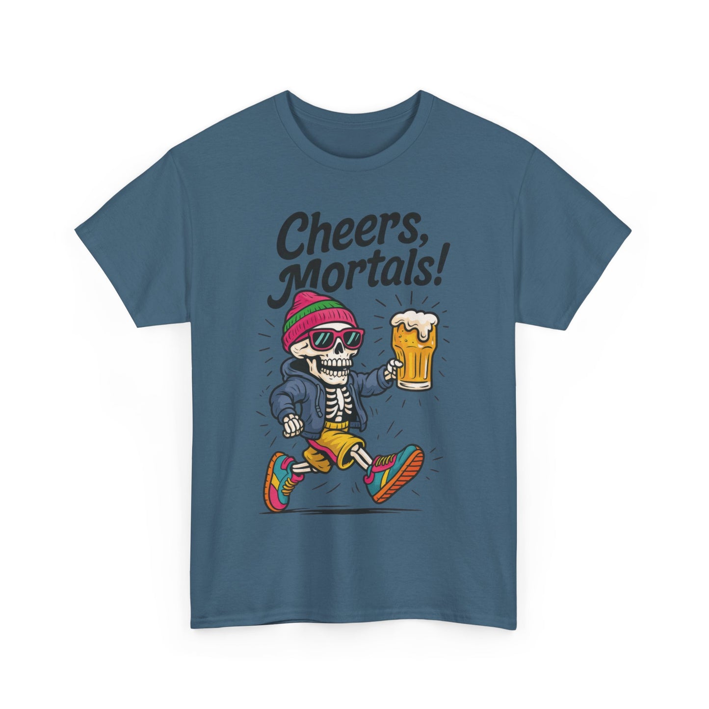 Cheers, Mortals! Mens Tee, Funny Skeleton Beer Graphic Tee, Cool Drinking Humor Shirt, Party Gift for Him, Halloween Tee, Beer Lovers Gift