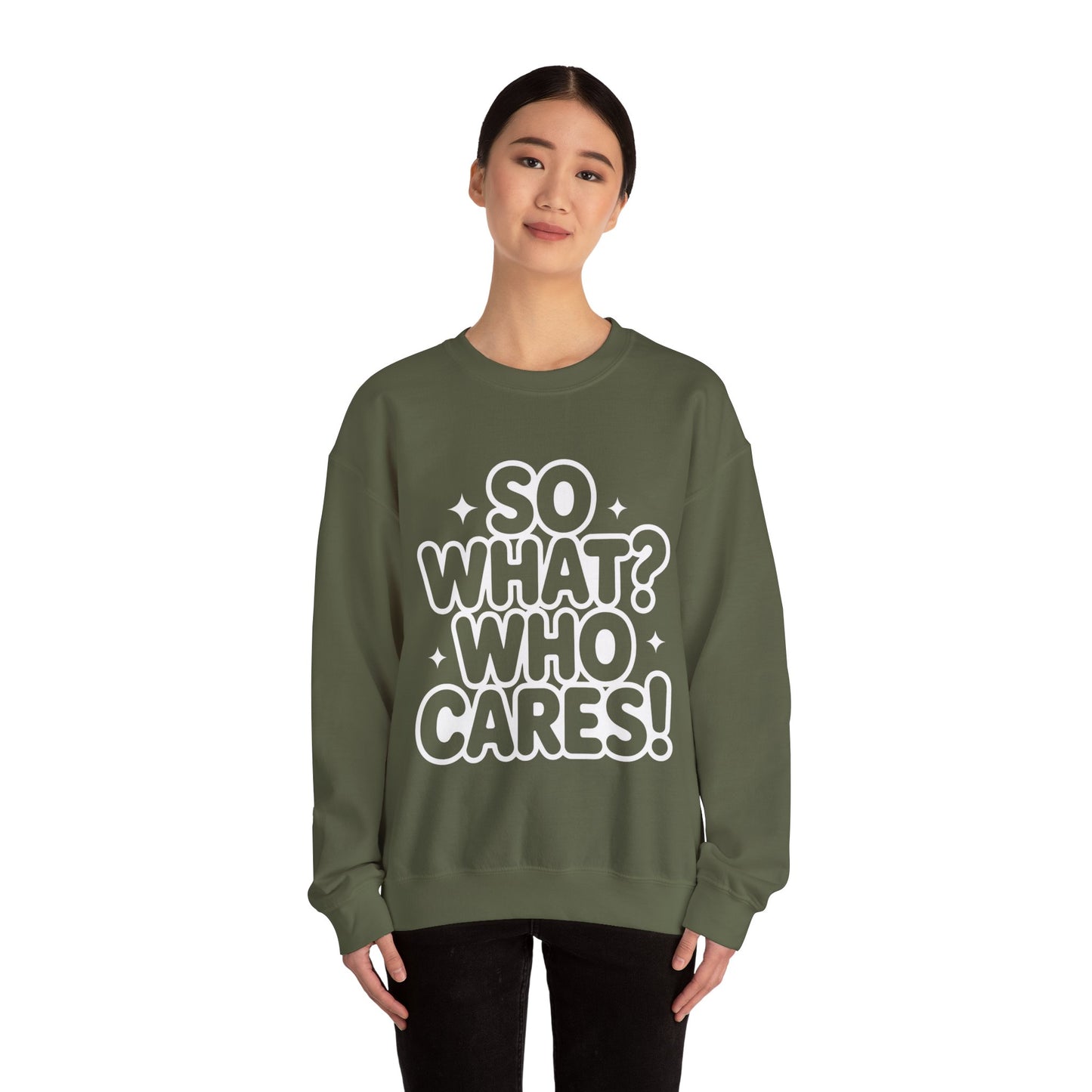 Trendy Womens Crewneck Sweatshirt with 'So What? Who Cares!' Print, Funny Typography Sweater, Sassy Graphic Sweater for Women