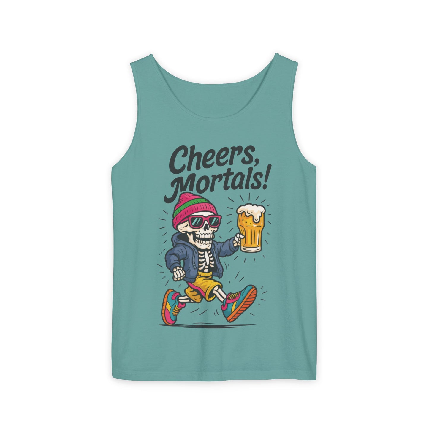 Cheers Mortals! Mens Tank Top, Funny Skeleton Beer Graphic Tee, Drinking Humor Shirt, Party Gift for Him, Halloween Tank, Beer Lovers Gift