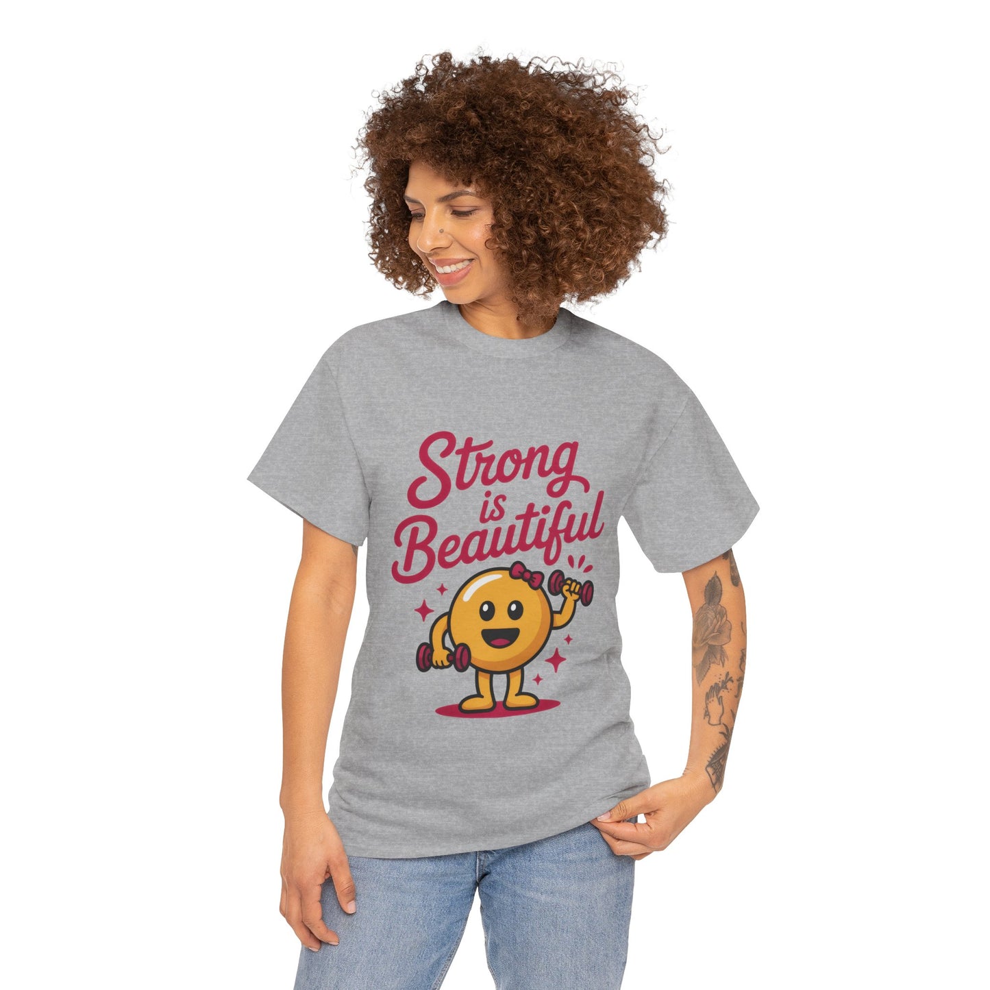Strong is Beautiful Womens T-Shirt, Cute Fitness Character Graphic Tee, Inspirational Workout Shirt, Gym Motivation Gift for Her
