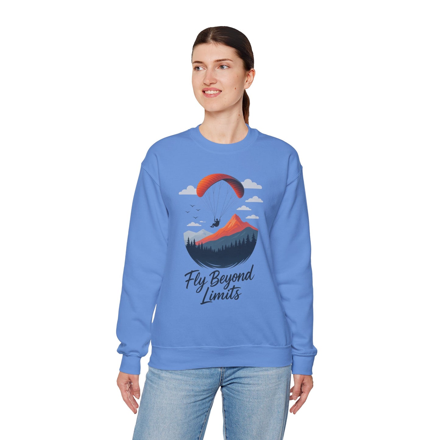 Adventure Inspiration Crewneck Sweatshirt - Fly Beyond Limits, Cozy Outdoor Outfit, Gift for Adventurers, Travel, Motivation Apparel