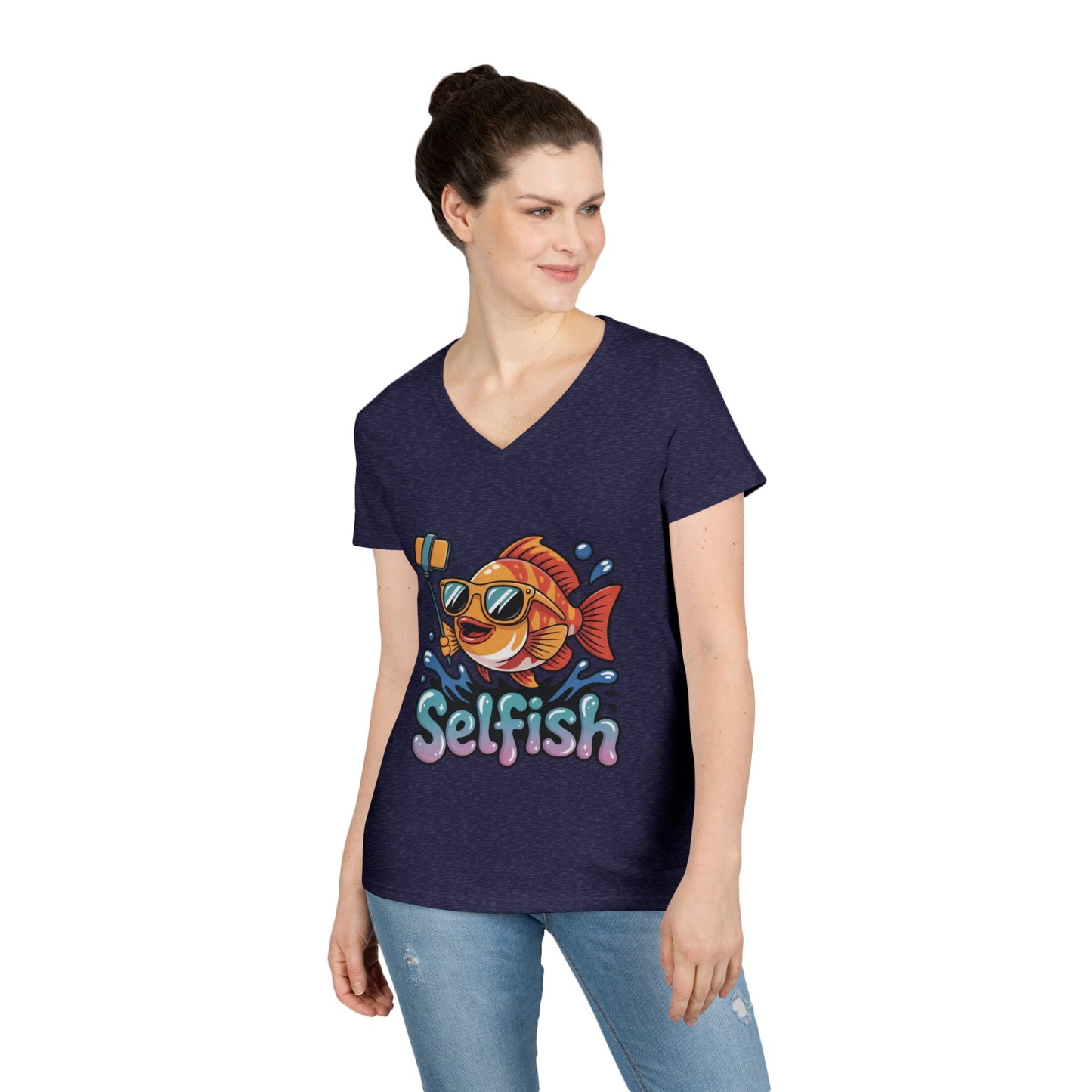 Ladies' V-Neck T-Shirt, Funny Selfie Fish Graphic Womens Tee, Playful Pun Gift for Her, Summer Vibes, Unique Beach Shirt, Outdoor Adventures