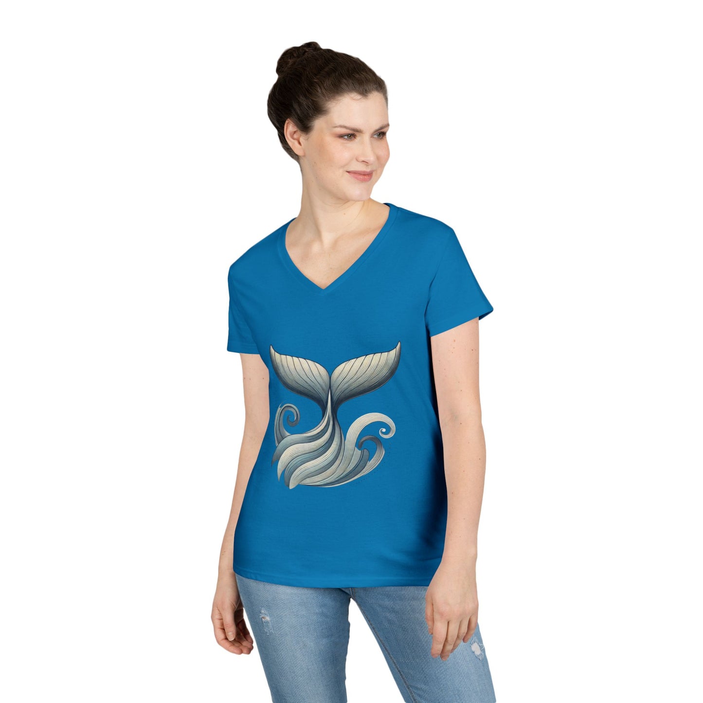 Whale Tail Ocean Wave Graphic V-Neck T-Shirt, Unisex Heavy Cotton Shirt for Sea Lovers, Ocean Lover Shirt, Summer Fashion Tee Gift