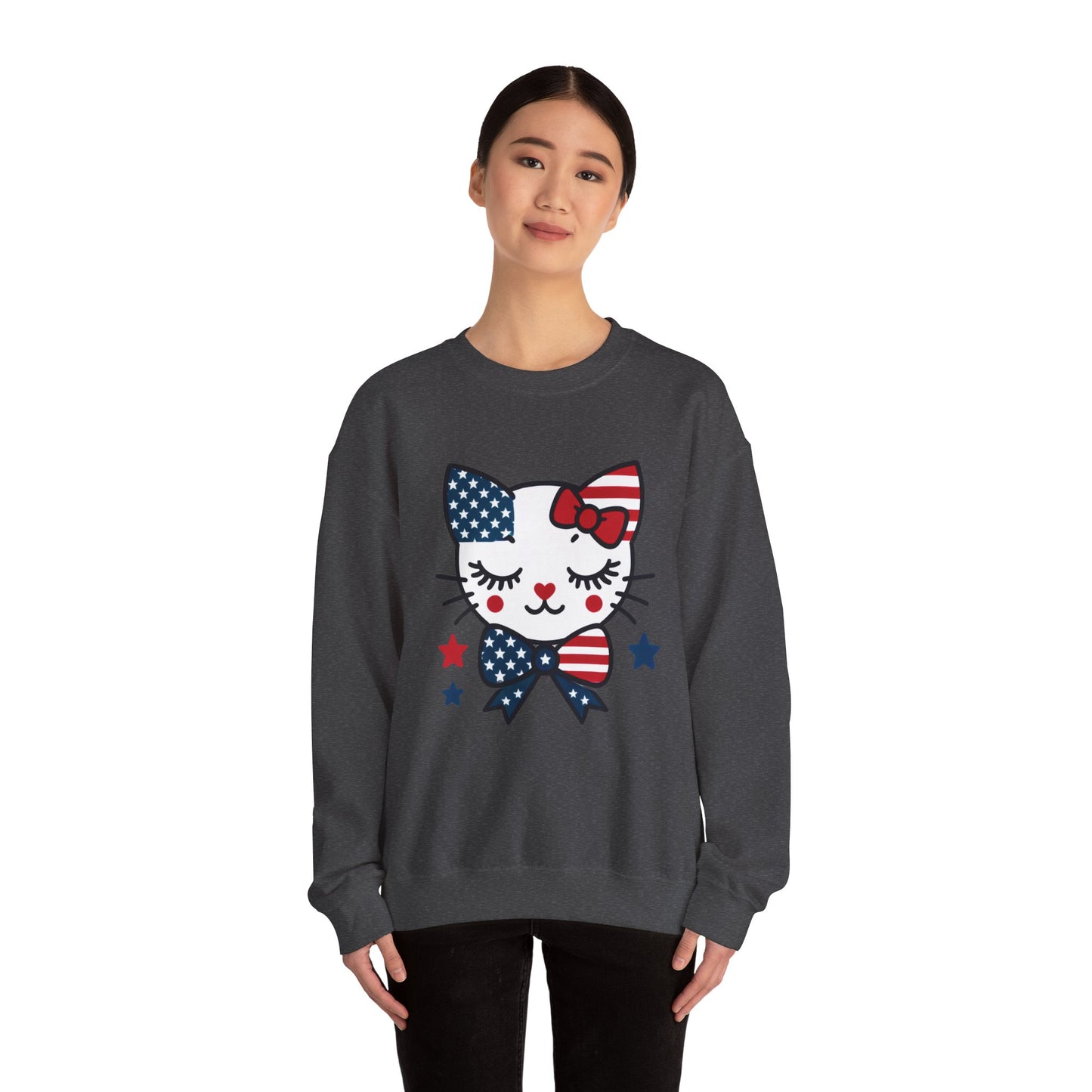 Cute Cat American Flag Sweatshirt, Women's Crewneck, Perfect for 4th of July, Women's Casual Wear, Cat Lovers Gifts