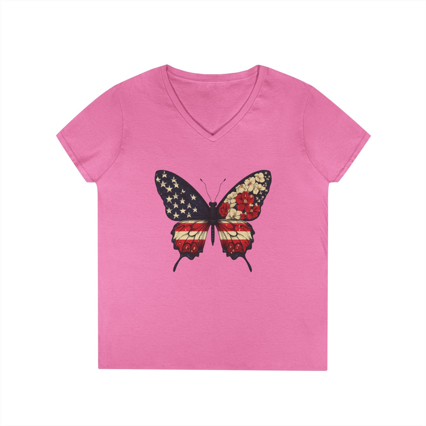 Patriotic Butterfly V-Neck T-Shirt, Summer Style, Gifts for Her, Independence Day, Casual Wear, Nature Lovers