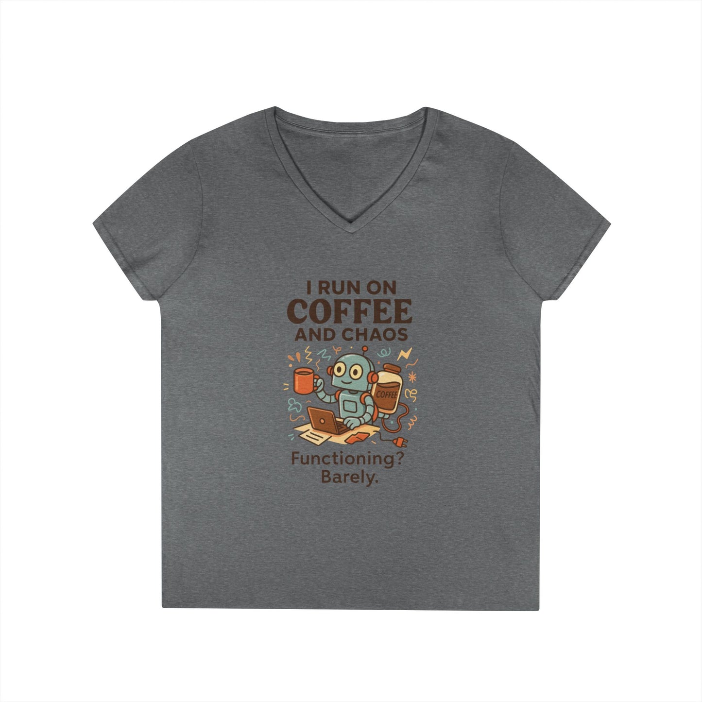 Funny Coffee and Chaos Ladies' V-Neck T-Shirt, Gift for Coffee Lovers, Quirky Tee, Casual Wear, Unique Humor Shirt, Work from Home Humor Tee