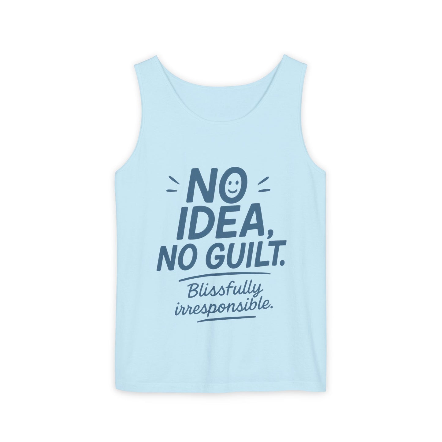 Womens No Guilt Tank Top, No Idea Funny Quote, Blissfully Irresponsible Workout Tee, Casual Sleeveless Top, Summer Activewear, Relaxed Style