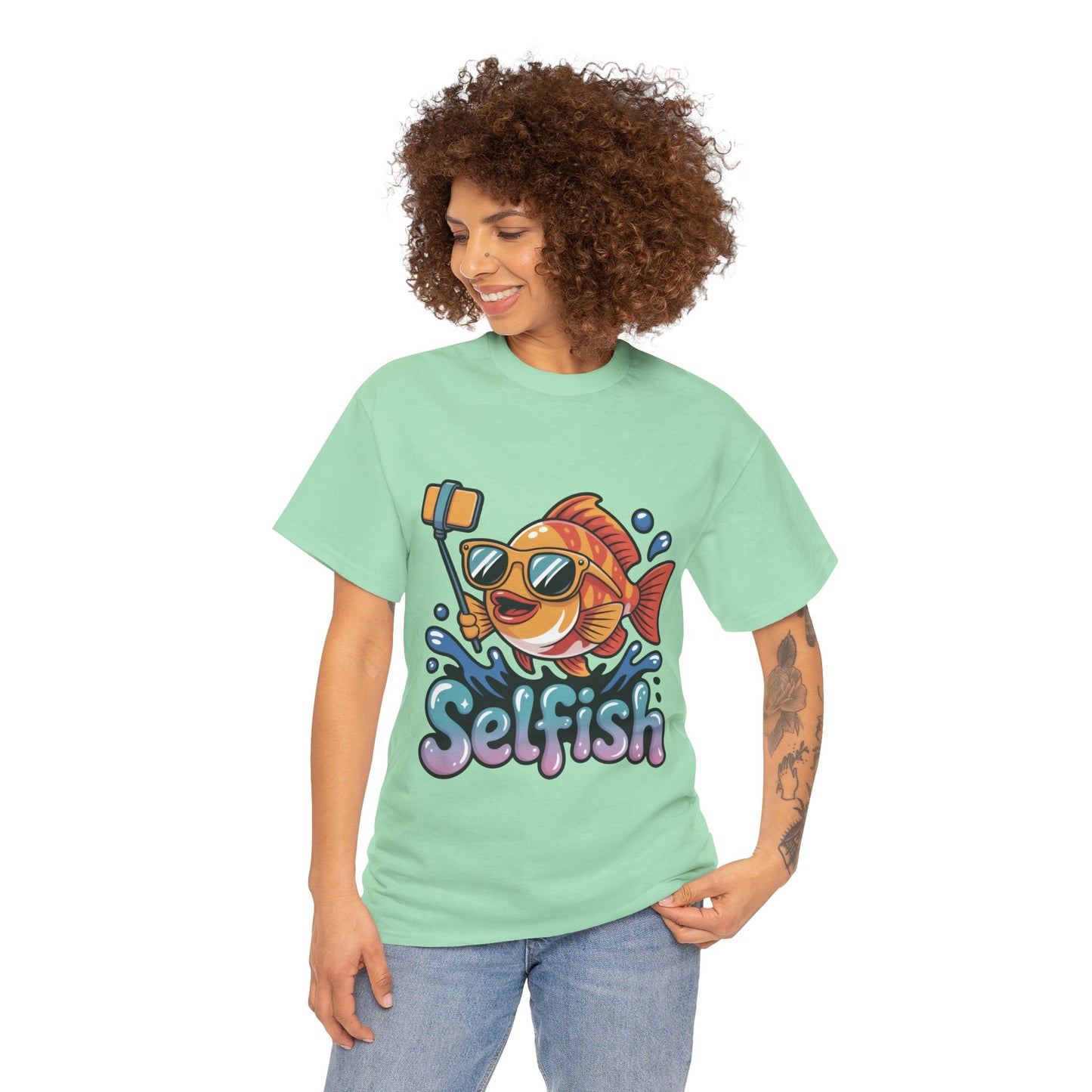 Funny Selfie Fish Graphic Womens T-Shirt, Playful Pun Gift for Her, Summer Vibes, Unique Beach Shirt, Outdoor Adventures