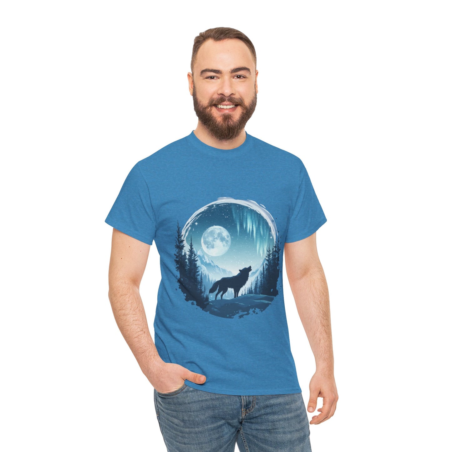 Howling Wolf Under Moonlight Men's T-Shirt, Full Moon Forest Scene Tee, Nature Lover Gift, Outdoor Adventure Clothing