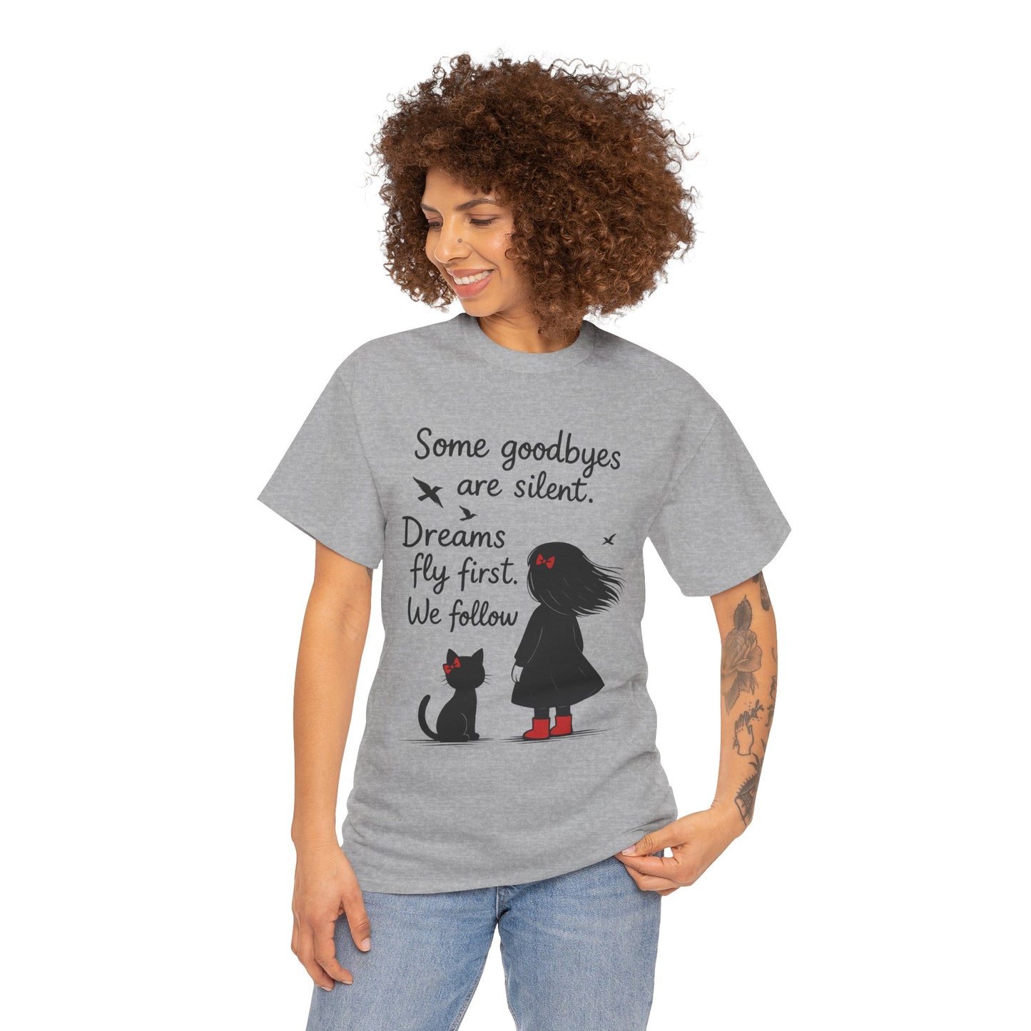 Emotional Hand Drawn Womens T-Shirt, Minimalist Red Dress Girl and Cat Graphic Tee, Cat Lover Gift