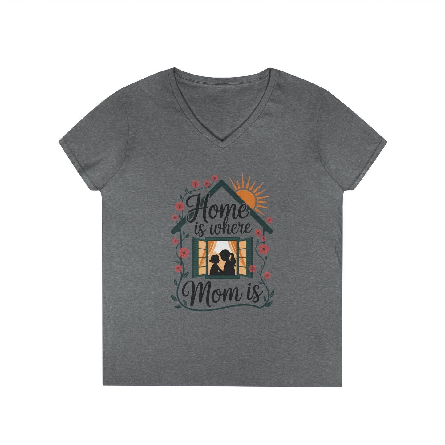 Home Is Where Mom Is V-Neck T-Shirt, Mother's Day Cotton Tee, Cute Family Gift for Mom, Sentimental Mom Shirt for Her, mother's day Gift