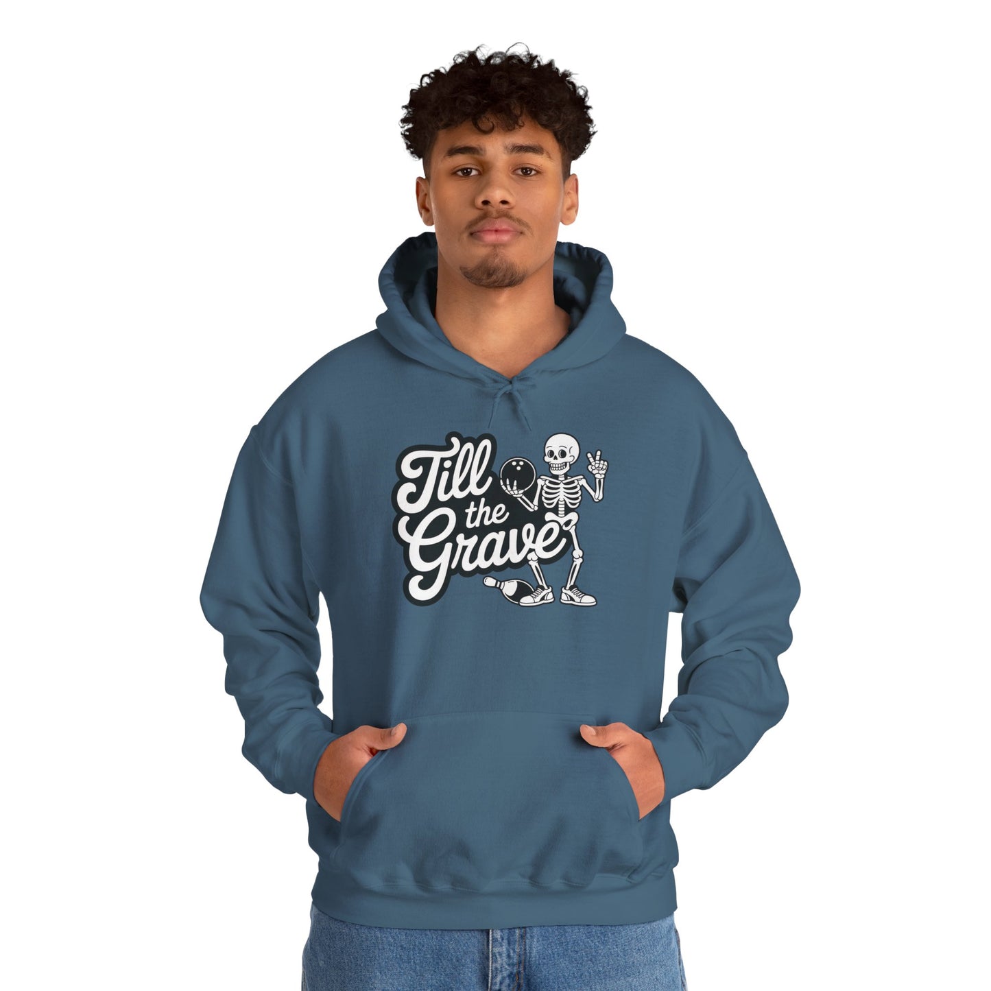 Funny Skeleton Bowling Mens Hoodie, Halloween Apparel, Funny Skeleton Bowling Shirt, Casual Mens Crewneck, Cool Bowler Skull Hoodie