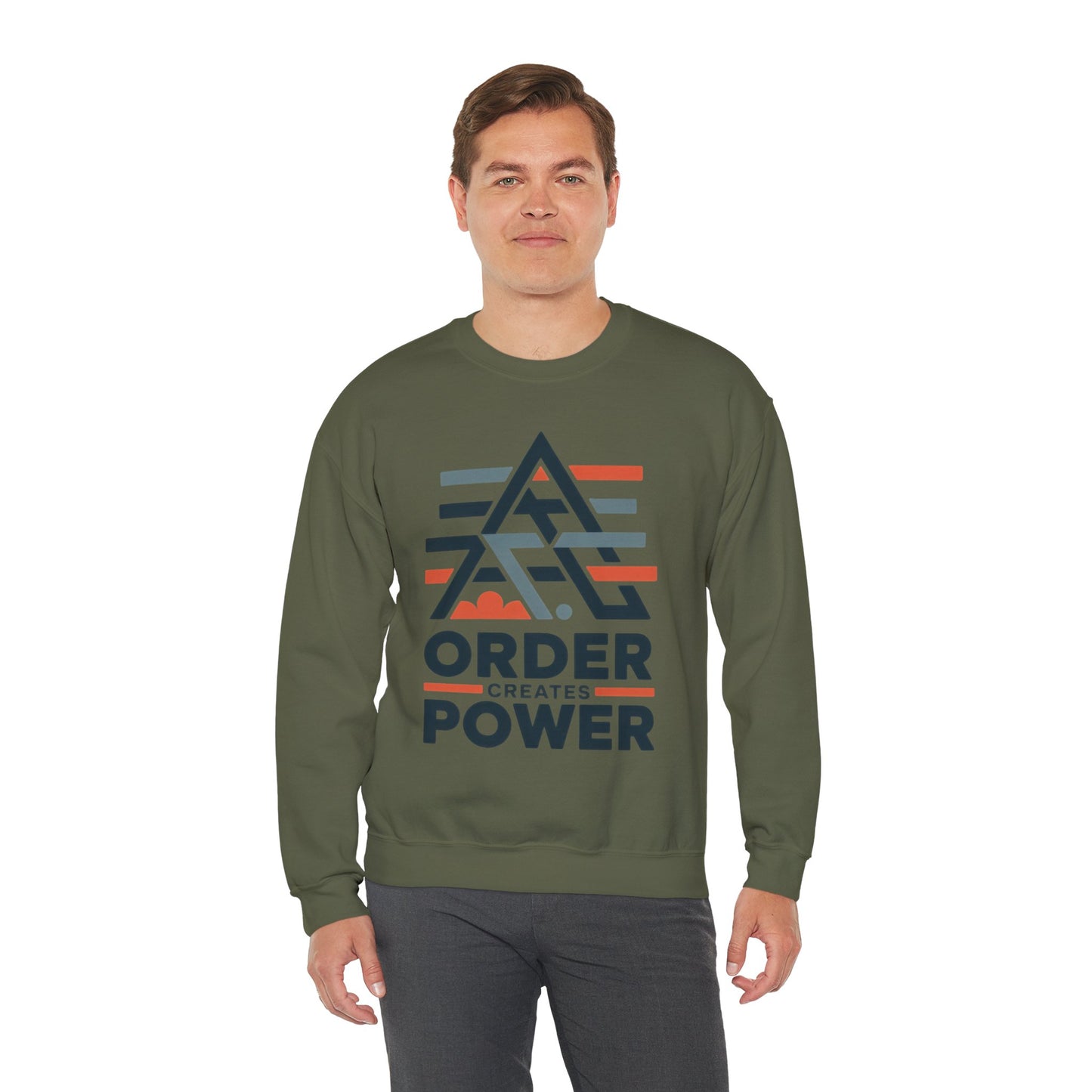 Men's Sweatshirt Order Creates Power, Minimal Geometric Motivational Graphic Pullover, Heavy Blend™ Crewneck Sweatshirt