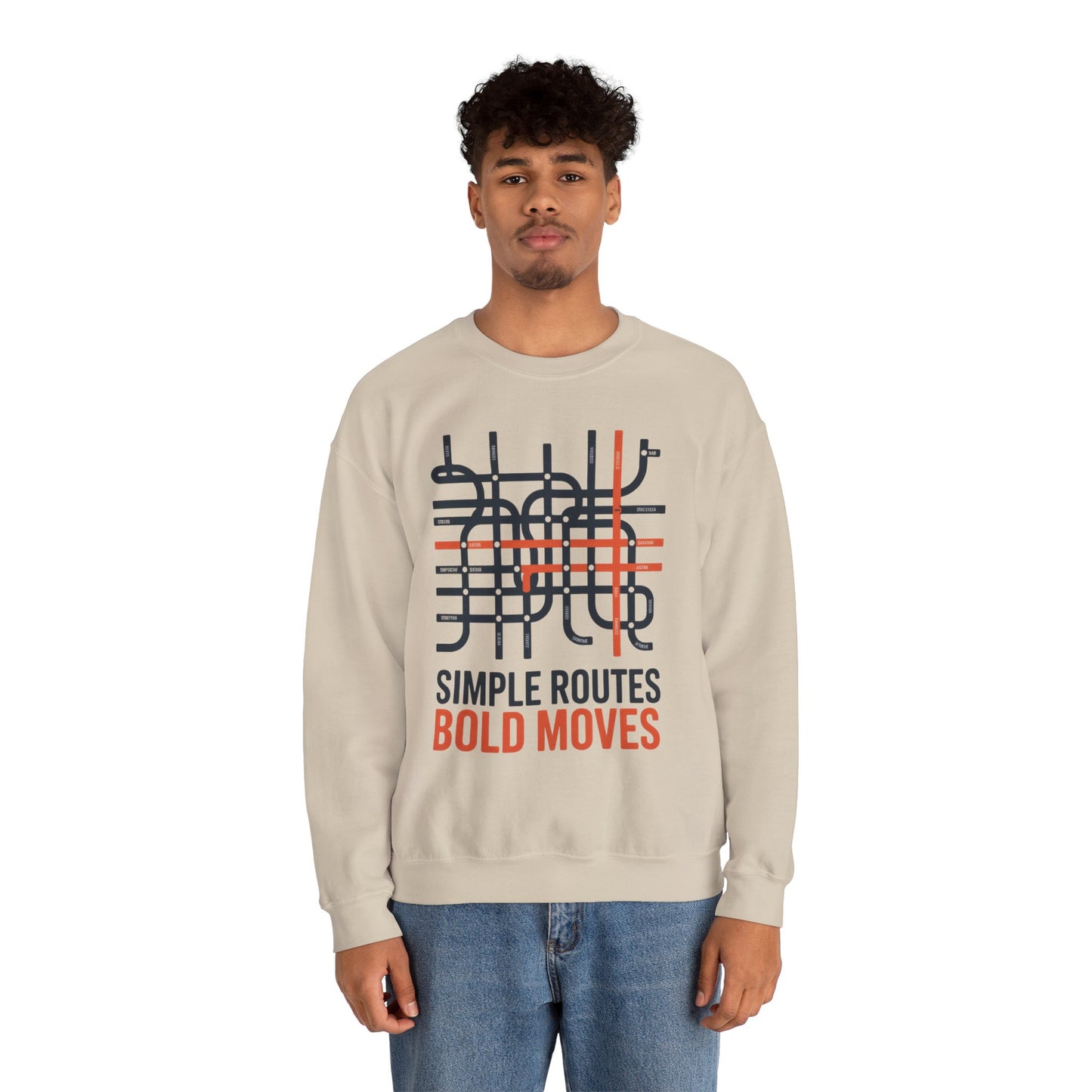 Men's Heavy Blend™ Crewneck Sweatshirt, Simple Routes Bold Moves Sweatshirt, Minimalist Metro Map Graphic Pullover