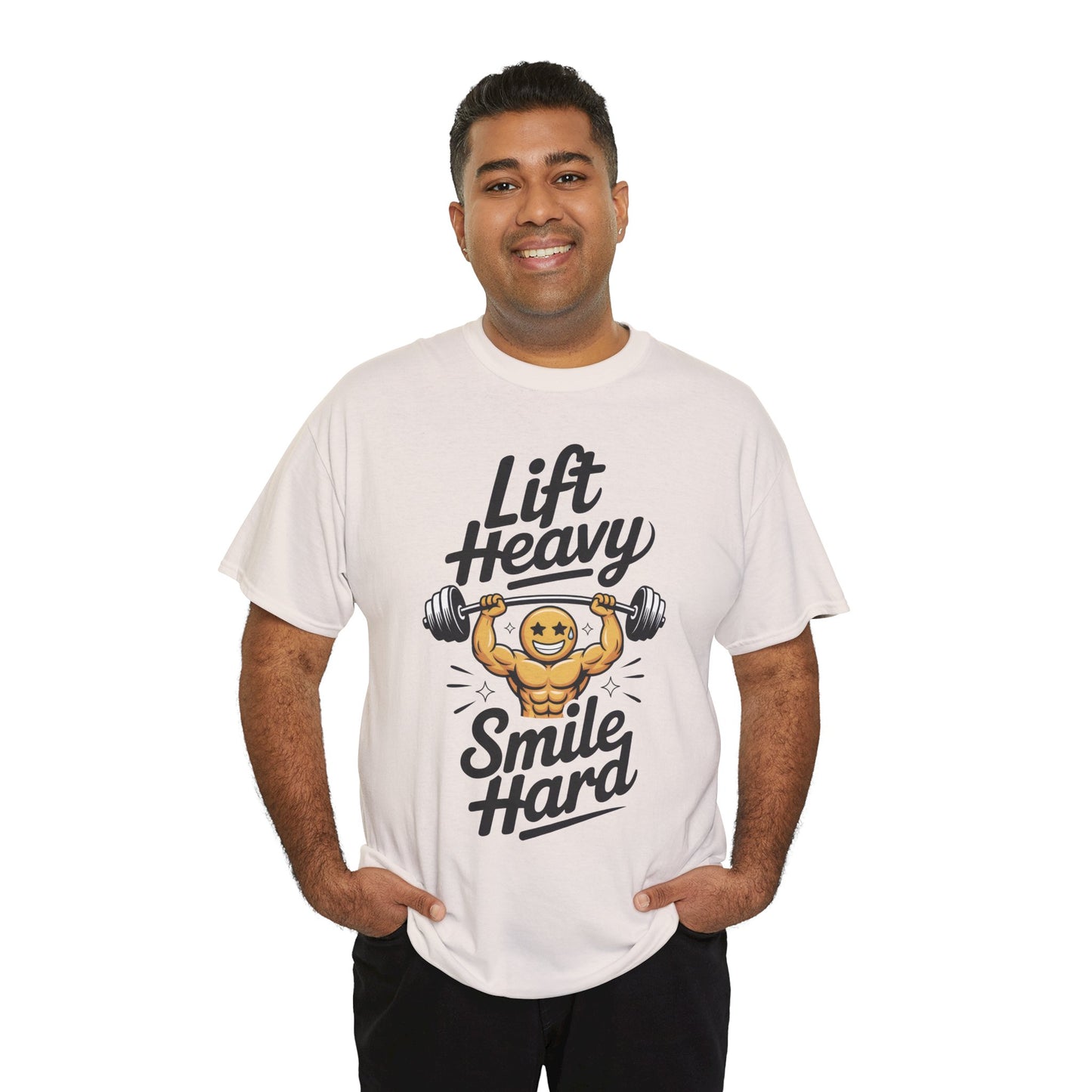 Mens Lift Heavy Smile Hard T-Shirt, Funny Gym Workout Graphic Tee, Mens Gym Tshirt