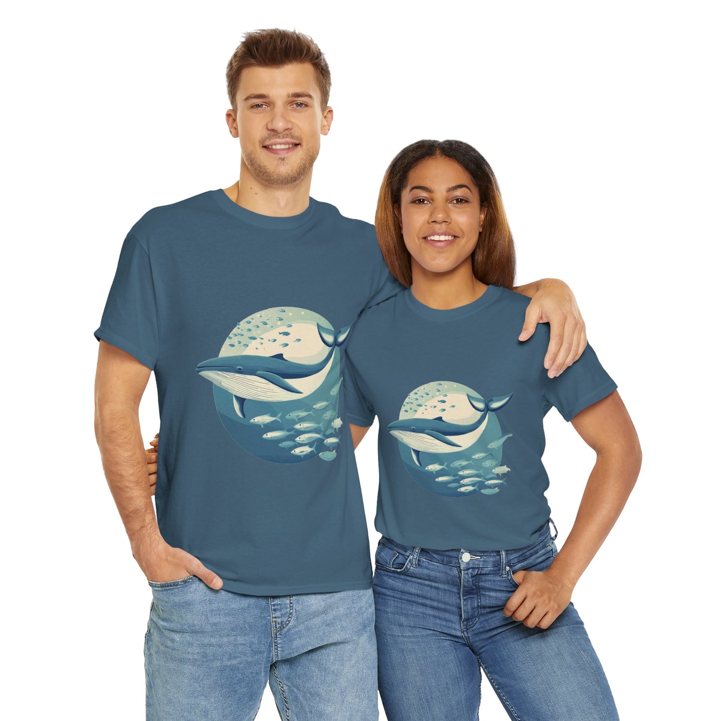 Whale and Fish Unisex Heavy Cotton Tee, Ocean Lover Shirt, Nature Tee, Sea Creature Gift, Casual Summer Top, Ocean Whale Graphic Tee