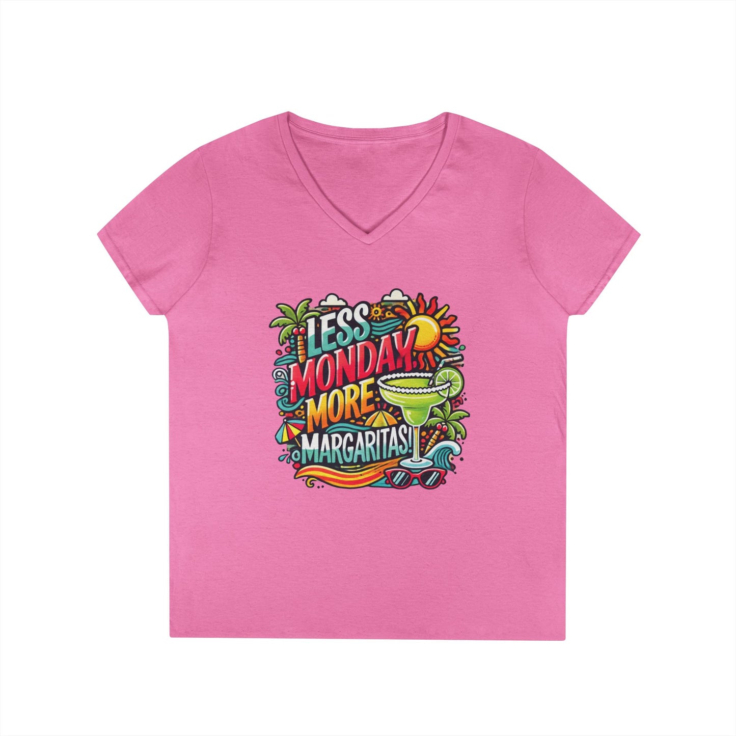 Less Monday More Margaritas Ladies' V-Neck T-Shirt, Funny Summer Cocktail Shirt, Tropical Vacation Tee for Women, Party Tee, Weekend Vibes