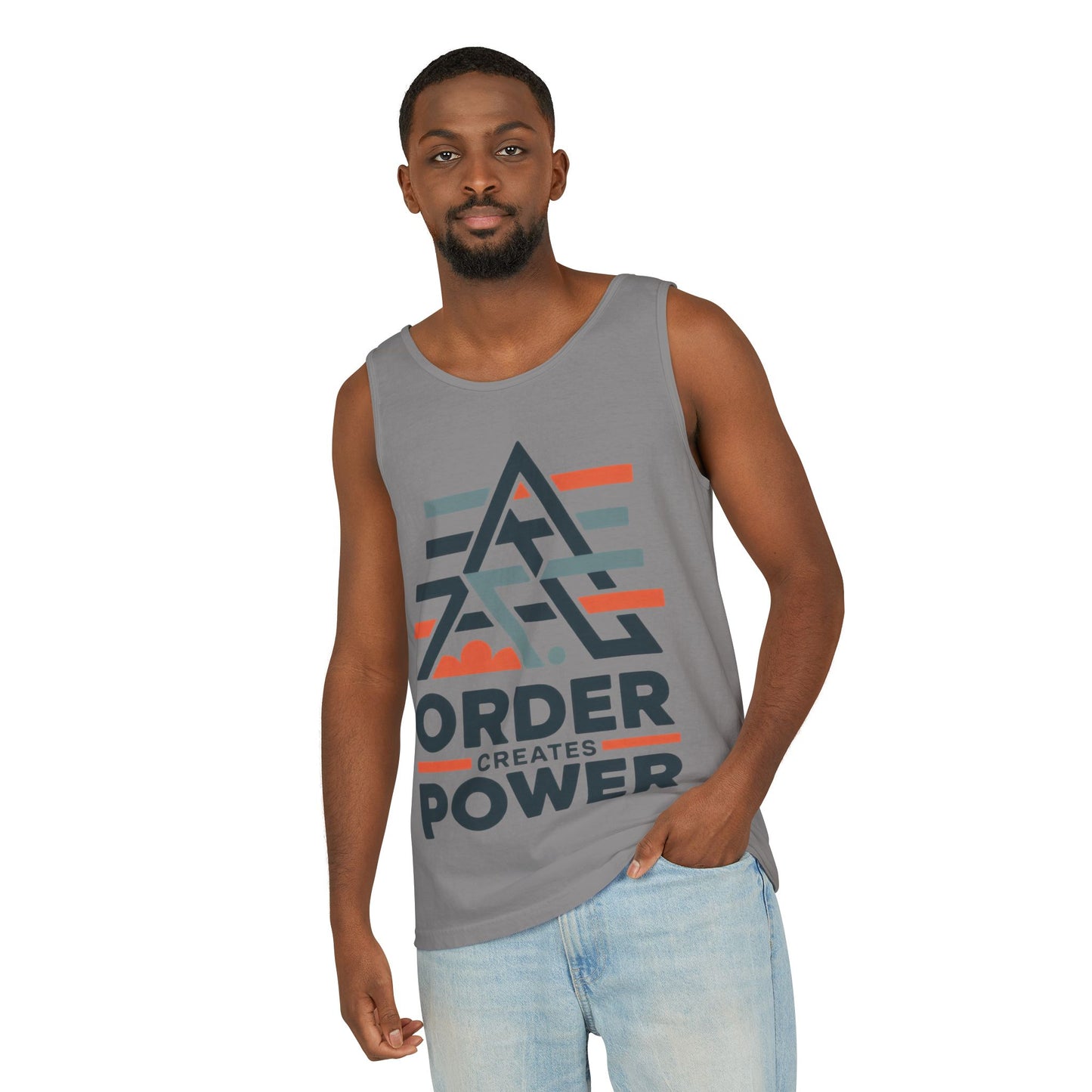 Mens Garment-Dyed Tank Top, Mens Tank Top Order Creates Power, Minimal Geometric Motivational Graphic Summer Shirt