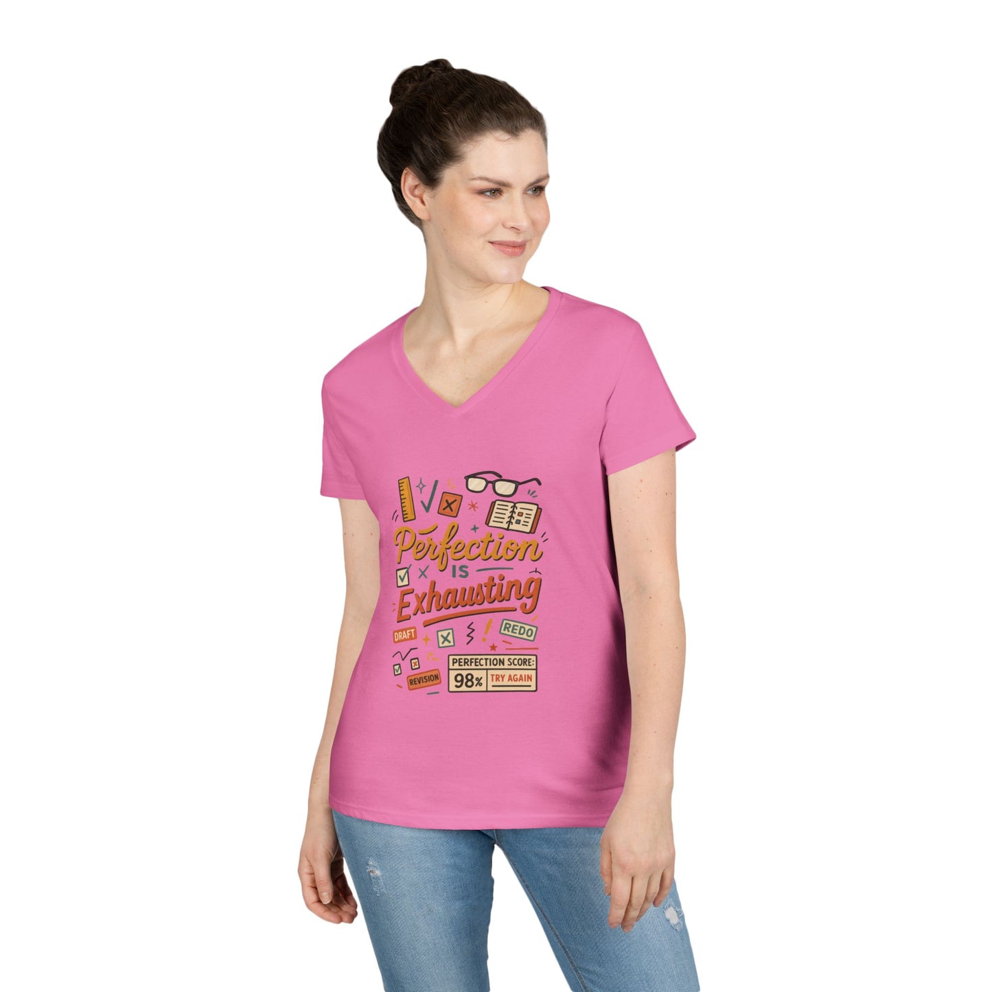 V-Neck T-Shirt "Perfection is Exhausting", Casual Tee for Perfectionists, Gift for Graduates, Motivational Apparel, Study Wear, Work from