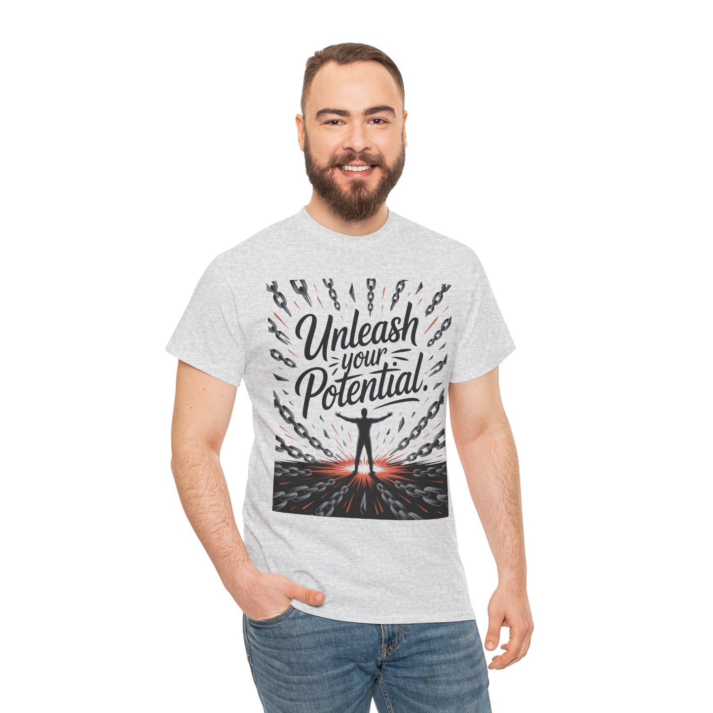 Inspiring Men's Heavy Cotton Tee, "Unleash Your Potential" Motivation Shirt, Gift for Graduates, Personal Growth Apparel, Casual Wear