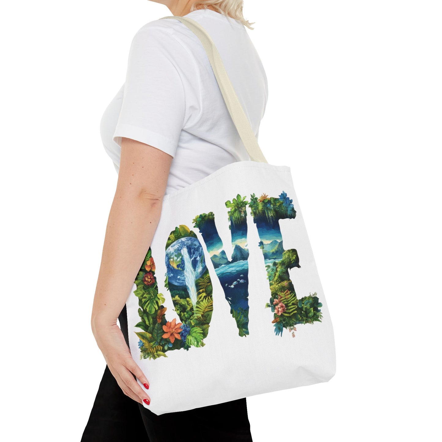 Earth Day LOVE Tote Bag, Eco Friendly Nature Art Bag, Sustainable Planet Message, Floral Tote, Shopping Bag, Beach Bag, Large Canvas Bag