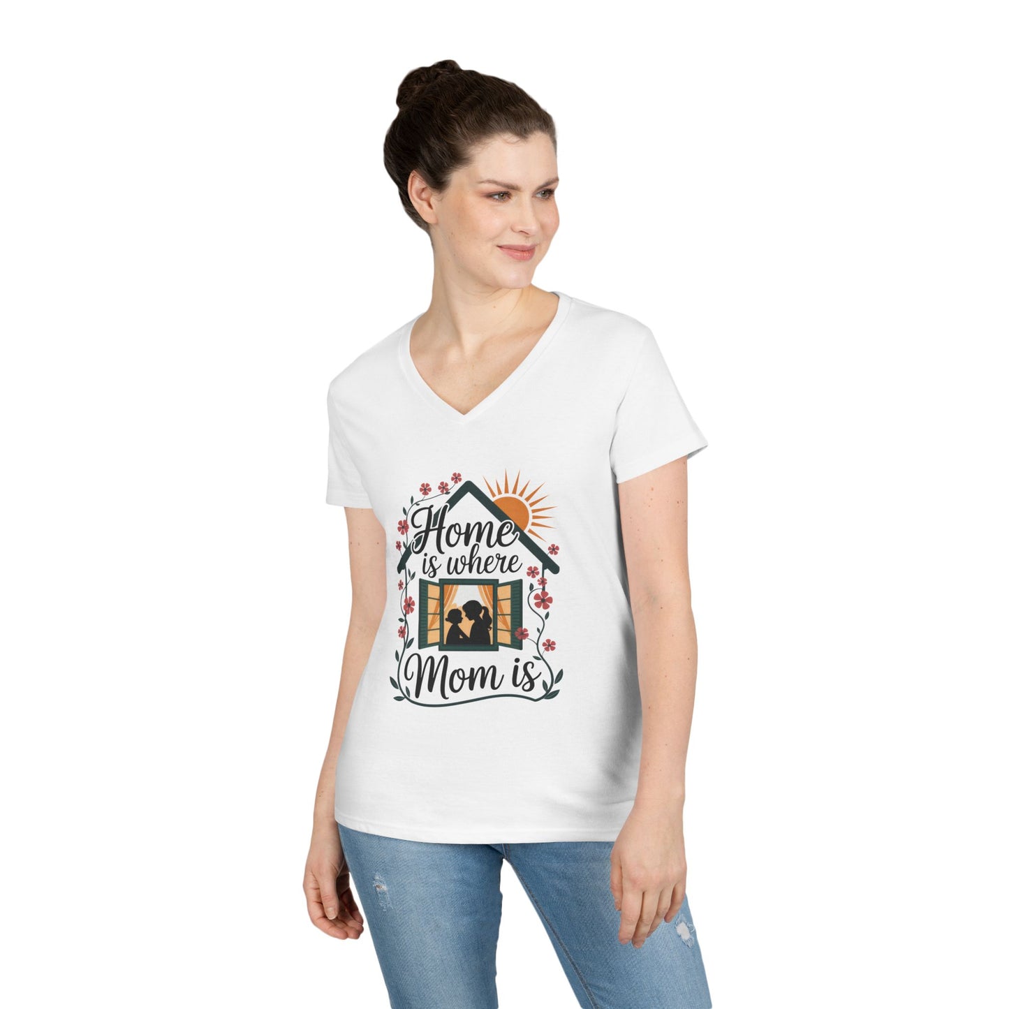 Home Is Where Mom Is V-Neck T-Shirt, Mother's Day Cotton Tee, Cute Family Gift for Mom, Sentimental Mom Shirt for Her, mother's day Gift