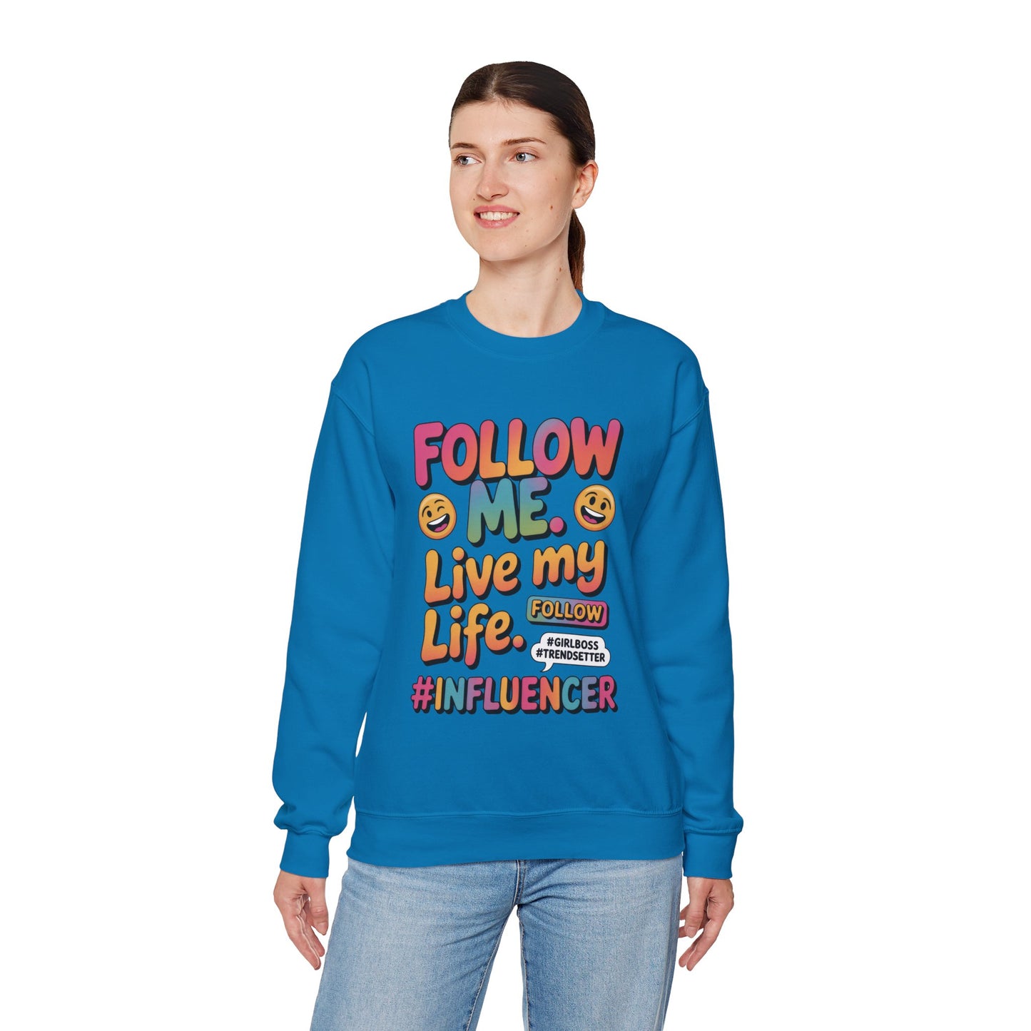 Womens Heavy Blend™ Crewneck Sweatshirt, Influencer Sweatshirt, Colorful Follow Me Live My Life Graphic Sweatshirt, Trendy GirlBoss Outfit