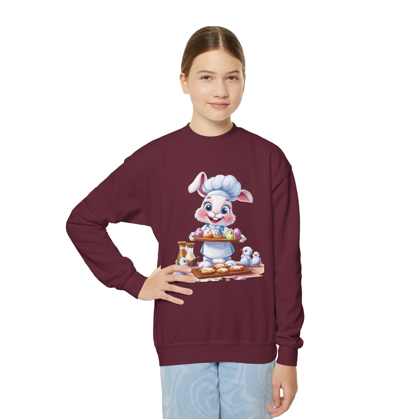 Easter Bunny Baker Youth Sweatshirt, Easter Gift, Kids Sweater, Cute Rabbit Design with Eggs, Spring Fashion, Easter Outfit for Kids
